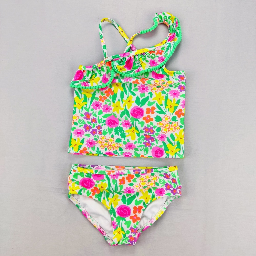 Cat & Jack Tankini Girls 4T Multicolor Floral Ruffle Pom Pom Two Piece Swimsuit